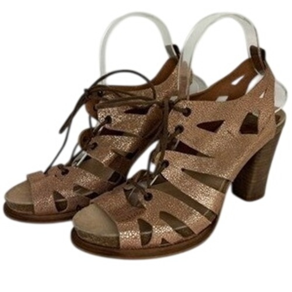 Rose Gold Metallic Lace Up Gladiator Heeled Sandals Coque Terra Anthropologie